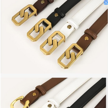 Womens Genuine Leather Belt White 2.3cm Wide Gold Buckle Waist Strap for Jeans & Dresses Elegant Fashion Accessory