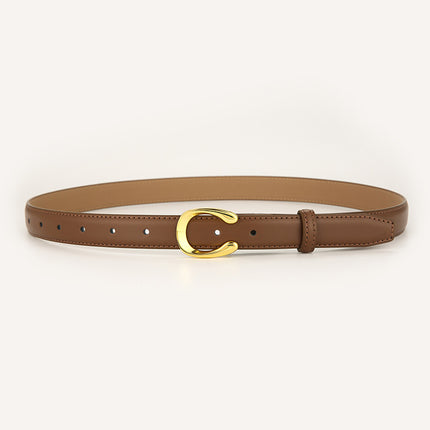 Womens Genuine Leather Belt Caramel C-Shape Gold Buckle Waist Strap for Jeans & Dresses Classic Fashion Accessory