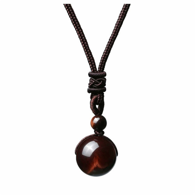 Natural Red Tiger Eye Necklace 10mm Round Stone Pendant Hand Braided Rope Lucky Protection Amulet Jewellery Gift for Men & Women
