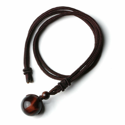 Natural Red Tiger Eye Necklace 16mm Round Stone Pendant Hand Braided Rope Lucky Protection Amulet Jewellery Gift for Men & Women