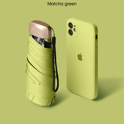 Compact Mini Pocket Umbrella UPF50+ Sun Protection Lightweight Travel Parasol - Windproof 5-Fold Rain Shade with Flat Gold Handle (Matcha Green)