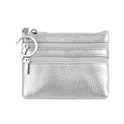 Genuine Leather Coin Purse Mini Wallet with Triple Zipper Pockets Key Ring Holder Pouch for Cash & Cards - Silver