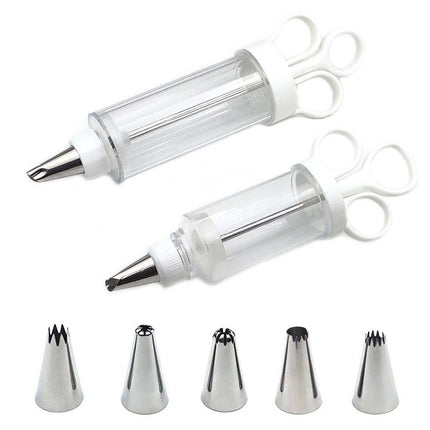 Cake Decorating Icing Syringe Gun Set with 5 Stainless Steel Nozzles DIY Cookie Press Baking Tool for Home Kitchen