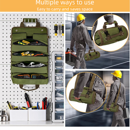 Heavy Duty Tool Roll Up Bag Organiser Multi-Pocket Canvas Carry Pouch for Electrician DIY Mechanic & 4WD Camping Green