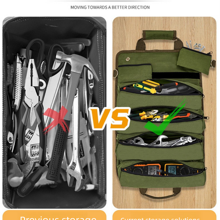 Heavy Duty Tool Roll Up Bag Organiser Multi-Pocket Canvas Carry Pouch for Electrician DIY Mechanic & 4WD Camping Black