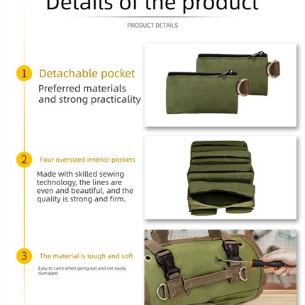 Heavy Duty Tool Roll Up Bag Organiser Multi-Pocket Canvas Carry Pouch for Electrician DIY Mechanic & 4WD Camping Black