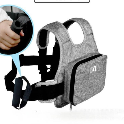 Child Motorcycle Safety Harness Strap Adjustable Passenger Belt with Handles & Storage Pocket Breathable Linen Grey for Scooter