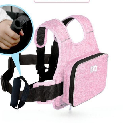 Child Motorcycle Safety Harness Strap Adjustable Passenger Belt with Handles & Storage Pocket Breathable Linen Pink for Scooter
