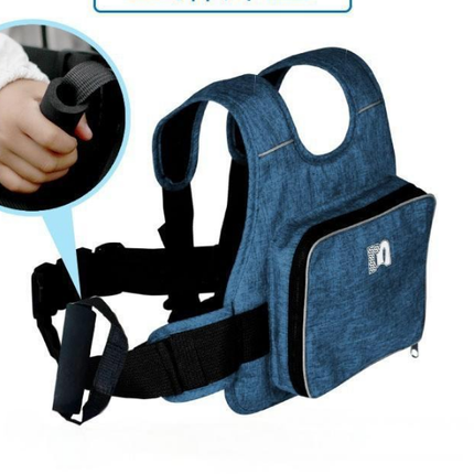 Child Motorcycle Safety Harness Strap Adjustable Passenger Belt with Handles & Storage Pocket Breathable Linen Blue for Scooter