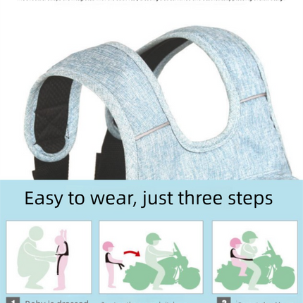 Child Motorcycle Safety Harness Strap Adjustable Passenger Belt with Handles & Storage Pocket Breathable Linen Light Blue for Scooter