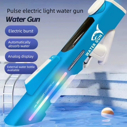 Electric Water Gun Auto Refill 46cm Blue LED Pulse Blaster High Pressure Toy with External Bottle Connector & Manual Mode for Summer Pool Party