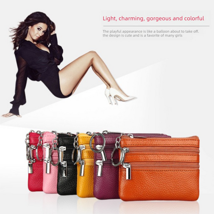 Genuine Leather Coin Purse Mini Wallet with Triple Zipper Pockets Key Ring Holder Pouch for Cash & Cards - Champagne color
