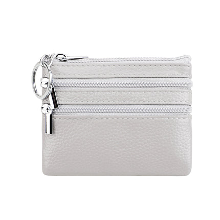 Genuine Leather Coin Purse Mini Wallet with Triple Zipper Pockets Key Ring Holder Pouch for Cash & Cards - Medium Gray