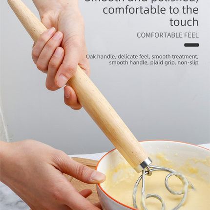 Danish Dough Whisk Slim Dual Ring Design Short Oak Wood Handle Bread Mixer Tool for Sourdough Starter Jars & Batters