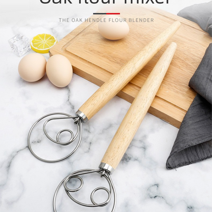 Danish Dough Whisk Slim Dual Ring Design Long Oak Wood Handle Bread Mixer Tool for Sourdough Starter Jars & Batters