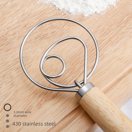 Danish Dough Whisk Slim Dual Ring Design Long Oak Wood Handle Bread Mixer Tool for Sourdough Starter Jars & Batters