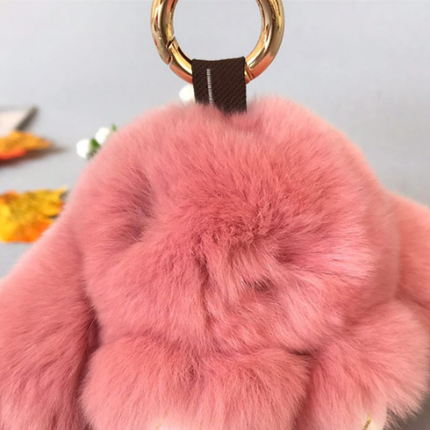 Fluffy Mini Rex Rabbit Fur Keychain Cute Bunny Bag Charm - Soft Plush Animal Doll Key Ring for Car Keys & Handbags - Bean Paste Pink
