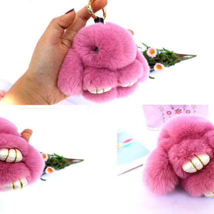 Fluffy Mini Rex Rabbit Fur Keychain Cute Bunny Bag Charm - Soft Plush Animal Doll Key Ring for Car Keys & Handbags - Bean Paste Pink