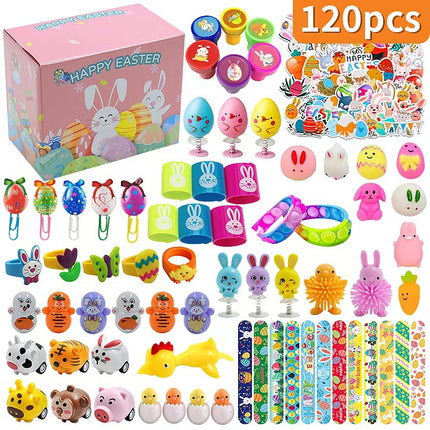 120Pcs Easter Egg Fillers Toy Assortment - Bulk Party Favours for Kids - Mini Toys, Stamps, Slap Bands & Stickers - Ideal for Egg Hunts & Classroom Prizes