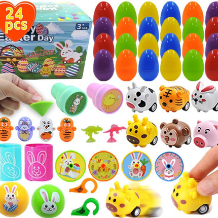 24 PCS Easter Eggs with Toy Fillers - Surprise Plastic Eggs & Mini Toys Set - Ideal for Kids Egg Hunt & Party Favours