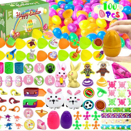 100 PCS Easter Eggs with 100 Toy Fillers - Bulk Surprise Plastic Eggs & Mini Toys Set - Includes Golden Egg - Ideal for Large Egg Hunts & Party Favours