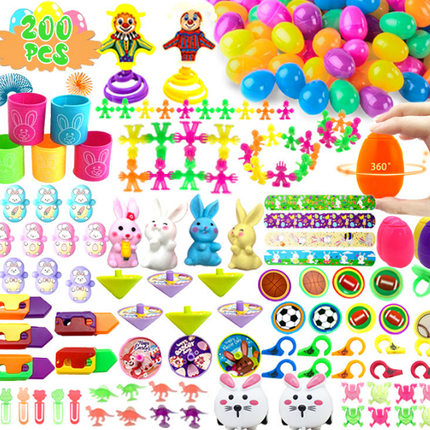 200 PCS Easter Party Favours Set with Plastic Eggs & Assorted Toys - Bulk Fillers for Kids Egg Hunts, Basket Stuffers & Classroom Rewards