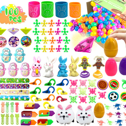 100 PCS Easter Party Favours Set with Plastic Eggs & Novelty Toys - Assorted Fillers for Kids Egg Hunts, Basket Stuffers & School Rewards