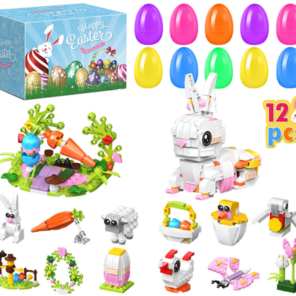 12 PCS Pre-filled Easter Eggs with Mini Building Block Toys - Creative Construction Figures (Bunny, Chick, Sheep) for Kids Egg Hunt, Party Favours & Basket Stuffers
