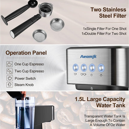 Premium Espresso Coffee Machine with Touch Control Panel & Steam Milk Frother 1050W Stainless Steel CM3010 (AU Plug)