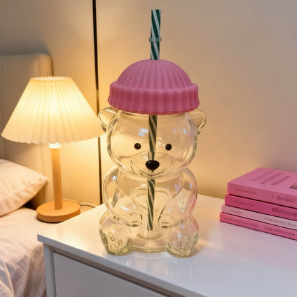 Creative Bear Shape Glass Water Bottle with Straw Cute Cartoon Coffee Cup and Cold Drink Tumbler – Pink Hat Bear Edition