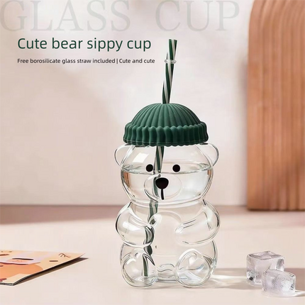 Creative Bear Shape Glass Water Bottle with Straw Cute Cartoon Coffee Cup and Cold Drink Tumbler – Pink Hat Bear Edition