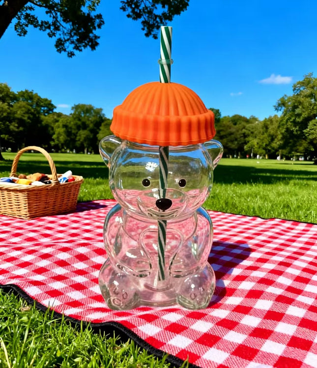 Creative Bear Shape Glass Water Bottle with Straw Cute Cartoon Coffee Cup and Cold Drink Tumbler – Orange Hat Bear Edition