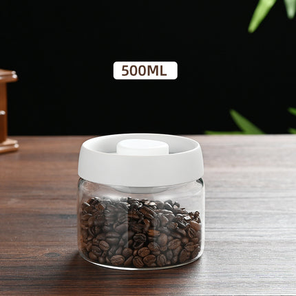 500ml Vacuum Sealed Glass Coffee Canister - One-Press Airtight Food Storage Jar - Moisture-Proof High Borosilicate Container for Beans & Tea (White Lid)