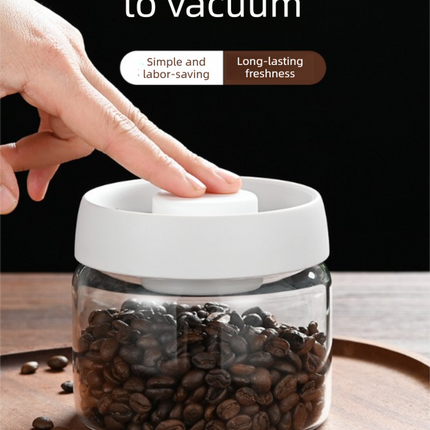500ml Vacuum Sealed Glass Coffee Canister - One-Press Airtight Food Storage Jar - Moisture-Proof High Borosilicate Container for Beans & Tea (White Lid)