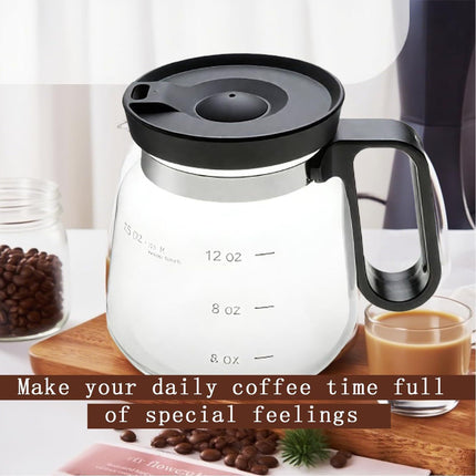 16oz Novelty Glass Coffee Carafe Mug - Heat Resistant Borosilicate Cup with Handle & Splash-Proof Lid - Personal Mini Pot for Tea, Latte & Office Desk (Clear/Black)