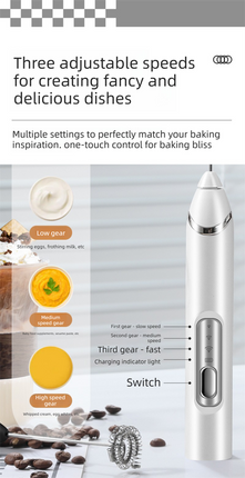Rechargeable 3-in-1 Handheld Milk Frother Set - Electric Whisk with Egg Beater & Mixing Hook - 3 Speed Adjustable Foam Maker for Coffee, Lattes, Baking & Baby Food (Black)