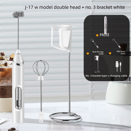 Rechargeable Electric Milk Frother with Metal Stand - Handheld Foam Maker & Egg Beater Set - 3 Speed Mixer with 2 Stainless Steel Whisks for Flat Whites, Lattes & Baking (White)