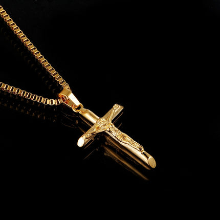 Men's Vintage Gold Cross Pendant Necklace Stainless Steel Titanium Steel Sweater Chain – Luxury Gold Finish with 60cm Box Chain