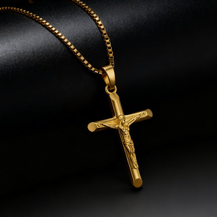 Men's Vintage Gold Cross Pendant Necklace Stainless Steel Titanium Steel Sweater Chain – Luxury Gold Finish with 60cm Box Chain