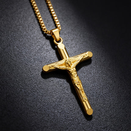 Men's Vintage Gold Cross Pendant Necklace Stainless Steel Titanium Steel Sweater Chain – Luxury Gold Finish with 60cm Box Chain