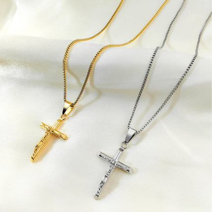 Men's Vintage Cross Pendant Necklace 2-Piece Set – Includes Classic Steel & Luxury Gold Titanium Steel Chains (60cm Box Chain)
