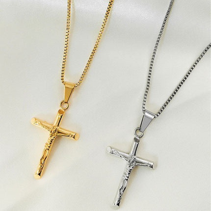 Men's Vintage Cross Pendant Necklace 2-Piece Set – Includes Classic Steel & Luxury Gold Titanium Steel Chains (60cm Box Chain)