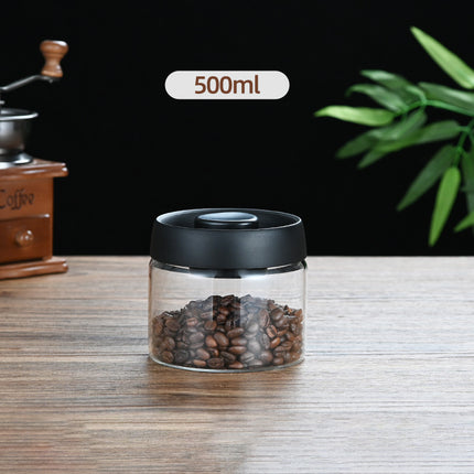 500ml Vacuum Sealed Glass Coffee Canister - One-Press Airtight Food Storage Jar - Moisture-Proof High Borosilicate Container for Beans & Tea (Black Lid)