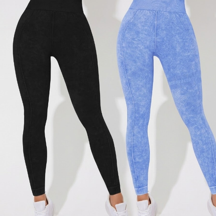 Seamless High Waisted Yoga Leggings 2 PCS Solid Black and Sand Washed Blue Size L Moisture Wicking Activewear