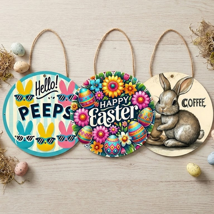 3 PCS Easter Wooden Hanging Signs Round Wall Decor Bunny and Egg Designs 20cm Front Door Plaque