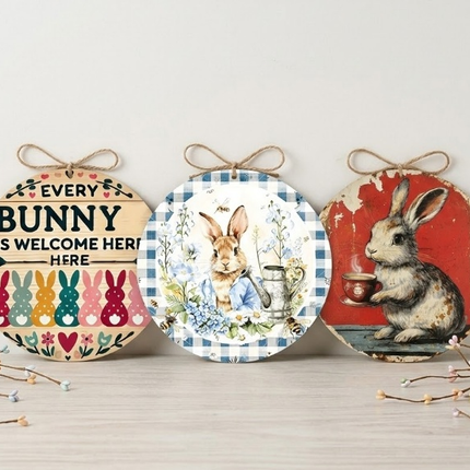 Easter Wooden Door Sign & Hanging Ornament 3-Piece Set – Colorful Bunny Slogans, Blue Gingham Watering Can, and Coffee Bunny Designs