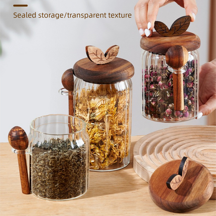 500ml Premium Borosilicate Glass Storage Jar with Acacia Wood Lid & Integrated Spoon – Airtight Moisture-Proof Kitchen Canister for Tea, Coffee, and Spices
