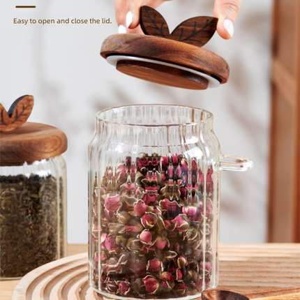 500ml Premium Borosilicate Glass Storage Jar with Acacia Wood Lid & Integrated Spoon – Airtight Moisture-Proof Kitchen Canister for Tea, Coffee, and Spices