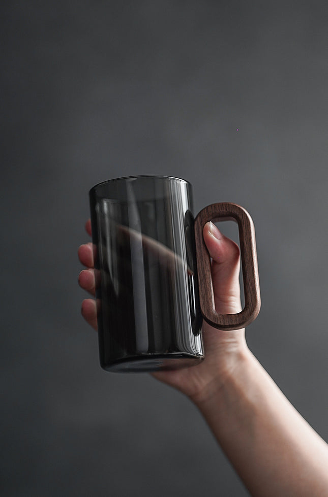 Smoky Grey Glass Tea Cup with Wooden Handle 360ml Heat-Resistant