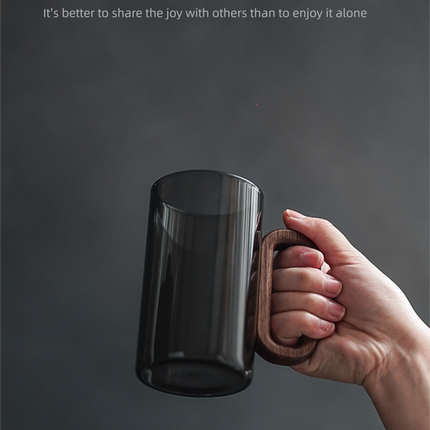 Smoky Grey Glass Tea Cup with Wooden Handle 360ml Heat-Resistant Hand-Blown Coffee Mug Modern Minimalist Drinkware